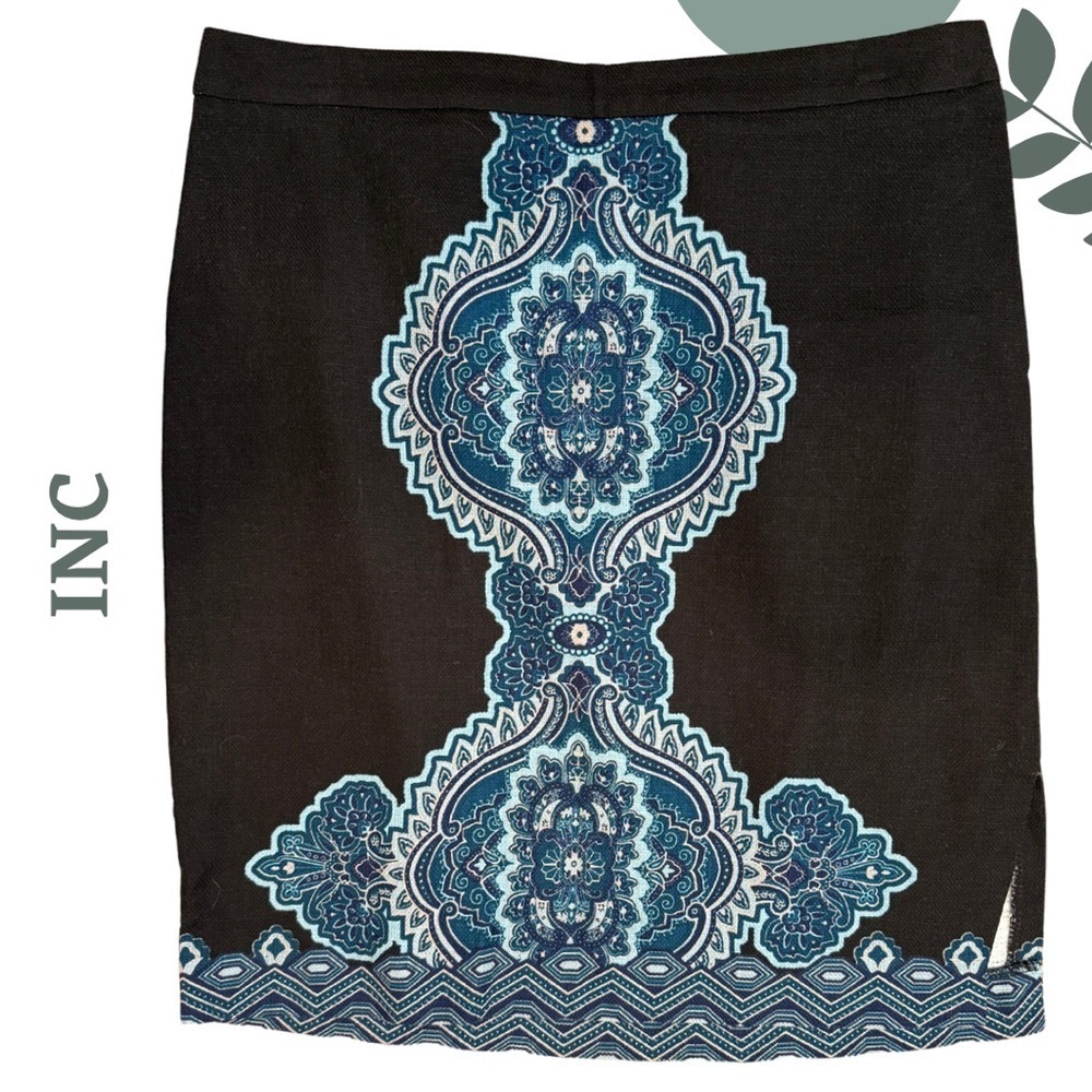 International Concepts Pencil Skirt with Boho Mandala Design Black Blue Size 14